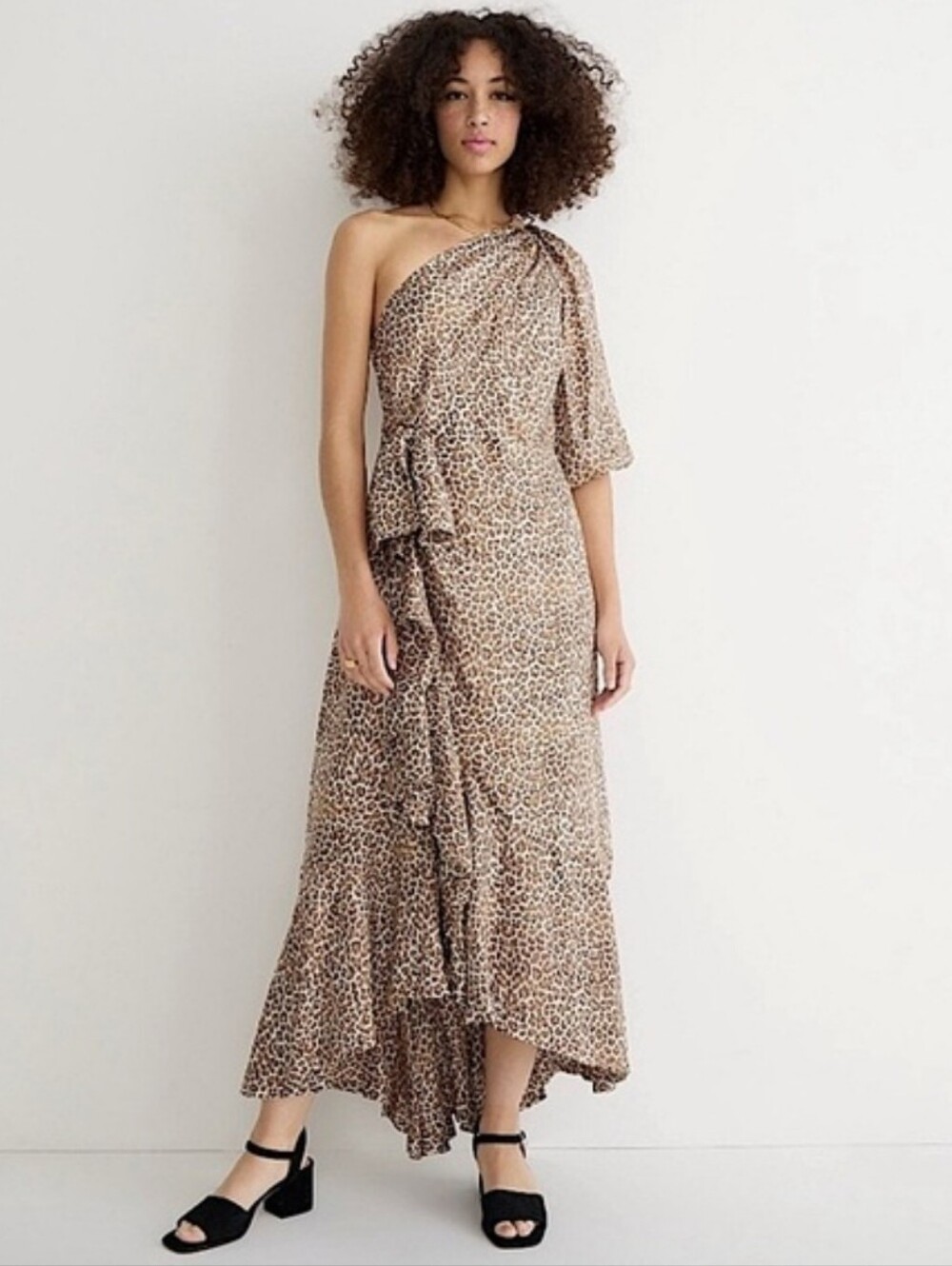 J. Crew One Shoulder Ruffle Hem Maxi Dress In Leopard Women's Size 2 NEW Preppy